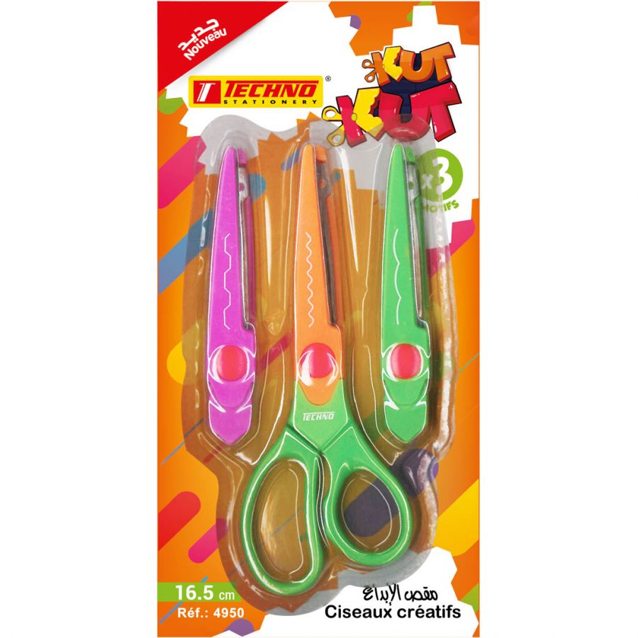 Ciseau Ecolier TECHNO 16.5 cm avec 3 Lames Interchangeable Multi-Couleurs sous Blister